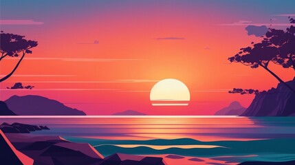 A serene landscape of a breathtaking sunset over the ocean, reflecting vibrant hues on the water. Ideal for conveying tranquility and natural beauty
