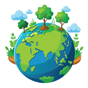 Ecology concept. Earth with green trees and grass. Vector illustration