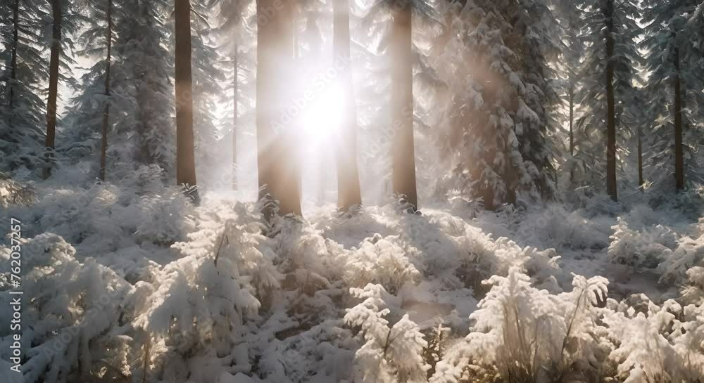 Poster the suns rays filter through the snow-covered trees in a forest, creating a dazzling display of ligh