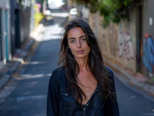 Fototapeta premium Confident latina woman portrait with a city backdrop