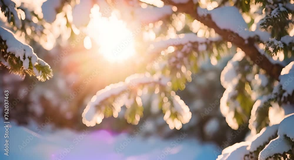 Poster the suns rays pierce through the snow-laden branches of a pine tree, creating a beautiful scene of l