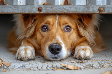Golden retriever lying flat, gazing through a gate with soulful eyes full of anticipation and...
