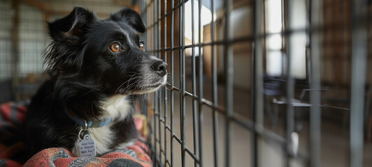 Black and white dog looking out from behind a shelter's cage, a silent testament to the hope of finding a forever home.