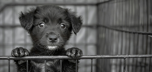 Black puppy with hopeful eyes peering over a shelter cage, awaiting a forever home and companionship, copy space. - obrazy, fototapety, plakaty