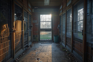 Sunlight filters through a derelict hallway, illuminating its forgotten and decayed animal shelter .