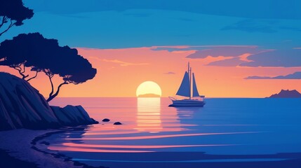 Fototapeta premium Experience tranquility with this serene sunset over the ocean, featuring a lone sailboat silhouetted against a colorful sky