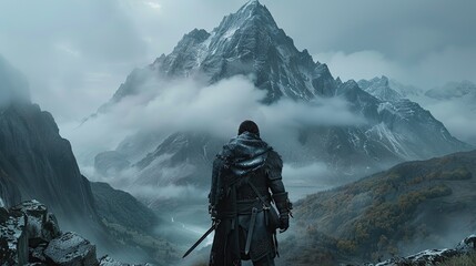 A warrior standing on hill with a fantasy castle town in the background - obrazy, fototapety, plakaty