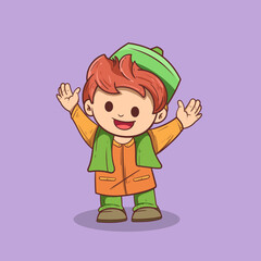 Happy Muslim kid cartoon of Arabic Muslim Celebrating eid illustration