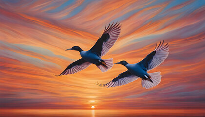 seagull flying in the sunset