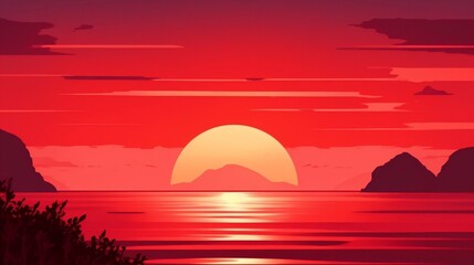 A mesmerizing digital art illustration of a tranquil sunset over a serene ocean, silhouetted landscapes under a radiant red sky captivate the viewer