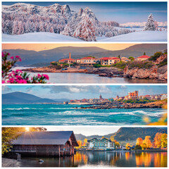 Set of beautiful panoramic views of the four seasons. Stunning landscapes of high snowy mountains,...