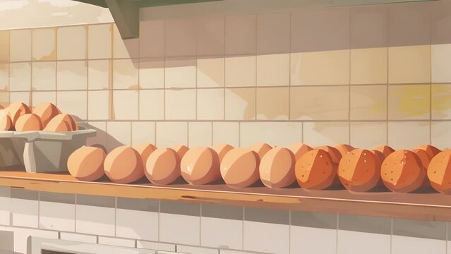 A section of the counter filled with freerange eggs freshly laid by hens raised on a nearby farm.
