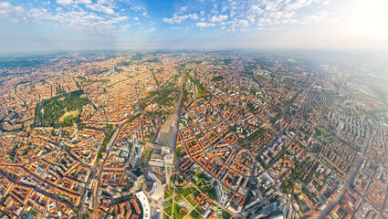 Milan, Italy. Botanical garden and skyscrapers. Panorama of the central part of the city. Summer...