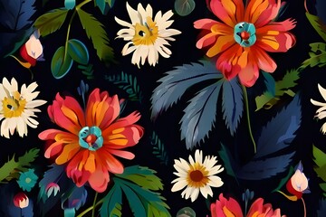Dark floral background wallpaper design with multicolor flowers and leaves Generative AI