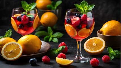 A refreshing glass of sangria filled with slices of citrus fruits and plump berries, garnished with fresh mint leaves - obrazy, fototapety, plakaty