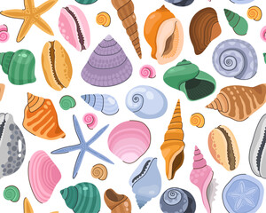 Seamless pattern with colorful seashells on a white background. Seashells of different shapes. Starfish. Summer and sea pattern. 