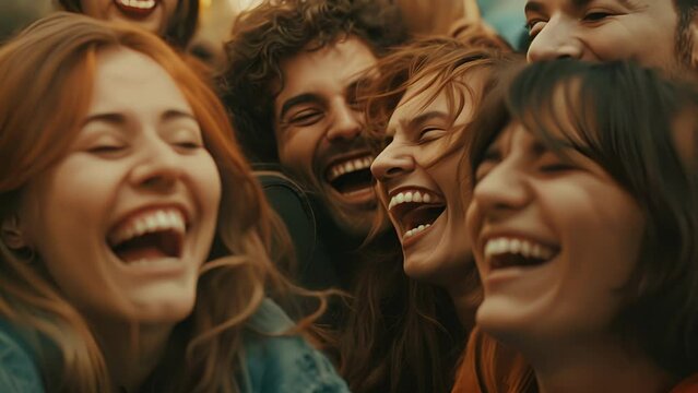 A group of friends laughing and joking together their joyful and animated expressions standing out amidst the sea of serious faces.