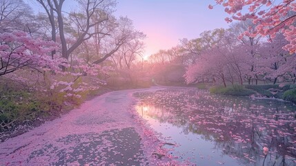 A tranquil pathway meanders under a canopy of cherry blossoms, bathed in the ethereal light of dawn, inviting a moment of peace and reflection