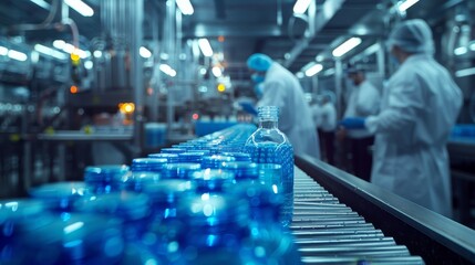 In the sterile environment of a pharmaceutical manufacturing line, technicians monitor the precise filling of blue bottles under strict quality control. - obrazy, fototapety, plakaty