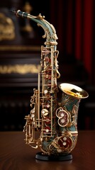 Colorful Decorated Saxophone on Wooden Table