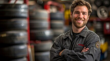 A professional senior mechanic stands confidently in his workshop, surrounded by tools and car parts, representing expertise and reliability in auto repair.