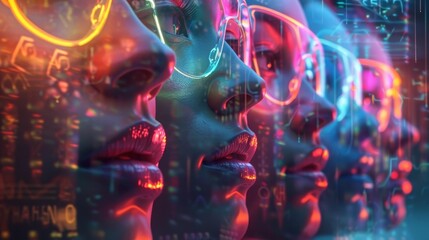 futuristic portrayal of human faces layered with vibrant digital code, symbolizing the intersection of humanity and technology.