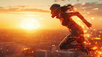 An empowered female superhero in a cutting-edge suit flies high above the urban landscape, her form illuminated by the radiant glow of a rising sun.