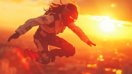 An empowered female superhero in a cutting-edge suit flies high above the urban landscape, her form illuminated by the radiant glow of a rising sun.