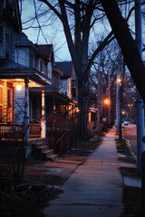 Fototapeta premium Wander through the quiet streets of a suburban neighborhood, the houses bathed in the soft glow of porch lights and street lamps, Generative AI