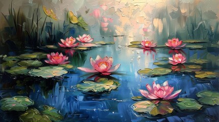 A Painting of Water Lilies in a Pond