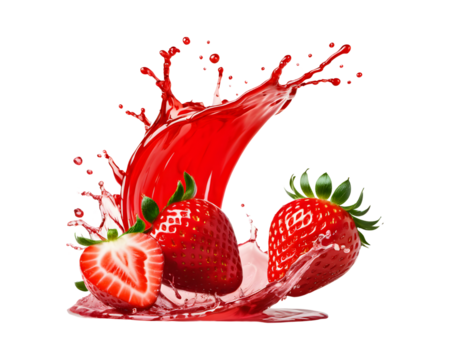 Delicious strawberries juice splash on png transparent background