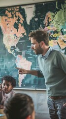 Obraz premium Male teacher with glasses pointing at a world map in a classroom, engaging students in geography lesson