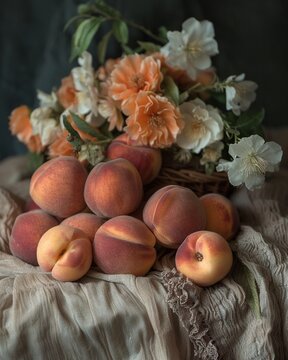Peaches that hold dreams within their fuzz granting visions to those who take a bite , high resolution DSLR