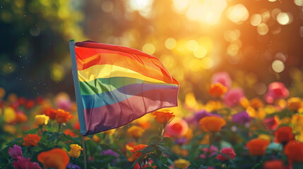 A colorful rainbow flag stands out against a backdrop of blooming wildflowers, symbolizing pride and diversity