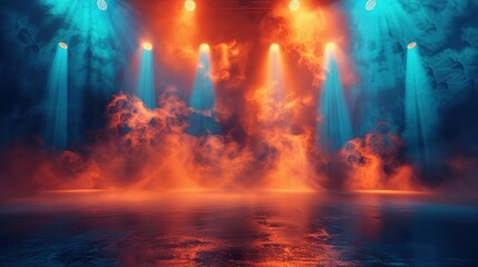 The colorful floodlit concert stage is beautiful and grand, with fog and smoke.