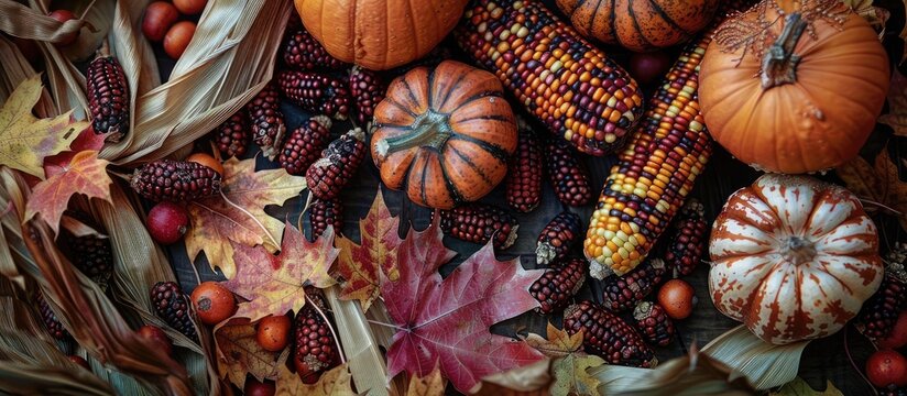 Thanksgiving home decor with pumpkins, Indian corn, and autumn leaves.