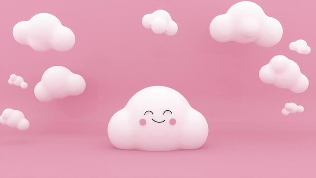 A cute 3d white cloud in the center with a smiley face bouncing and pretty white clouds appear and disappear on a pink background. Pink sky full of clouds. Concept of minimal style.
