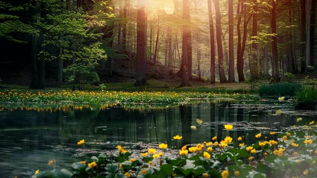 Swamp lake scene in tropical forest, animated virtual repeating seamless 4k	
