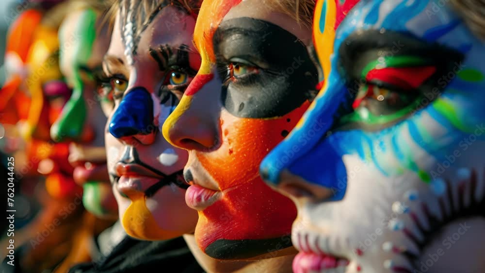 Poster a line of vividly painted faces each representing a different character or theme eagerly waiting to 