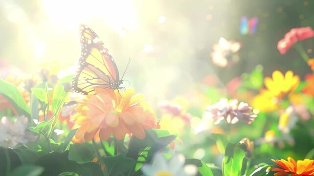 A garden alive with fluttering butterflies, drawn to the blooming flowers, seamless looping background animation, anime style, for vtuber / streamer backdrop