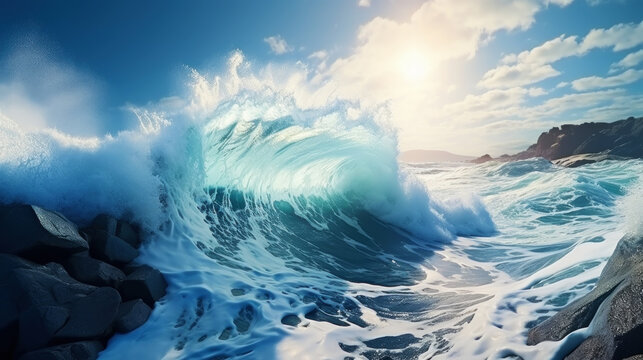 A realistic photo of a stormy sea off the coast with big waves crashing on rocks in sunny weather. Generative AI