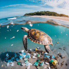 푸른 바닷가 아래에 멀리 헤엄치고 있는 바닷거북이 한 마리, 그 주변에 떠다니는 플라스틱 쓰레기, 푸른 하늘과 더러운 바닷속 아래가 대조되는 드론샷 - obrazy, fototapety, plakaty