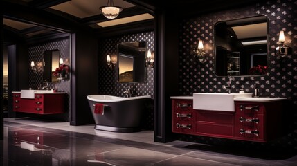 Black and Red Bathroom With Claw Foot Tub