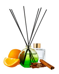 Aromatic diffuser with orange and cinnamon scent on white background