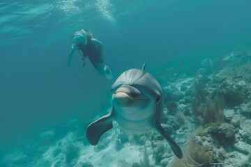 Fototapeta na wymiar A Dolphin Approaches a Snorkeler