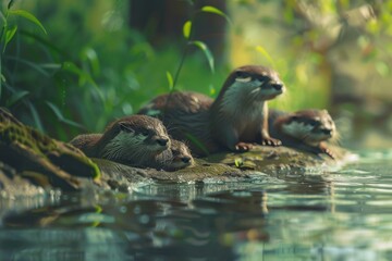 Otters Enjoying Their Natural Waterslide - obrazy, fototapety, plakaty