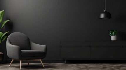 Dark colored wall mock-up with modern style cabinets, minimalist living room design, 3D render, 3 illustration
