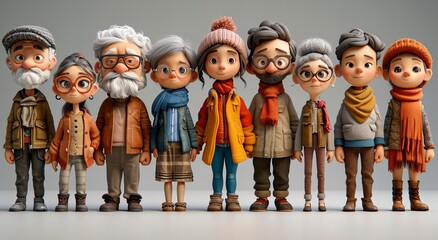 3d render big family with different age cartoon style
