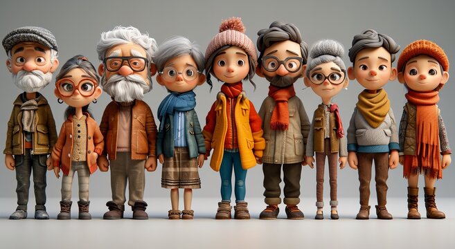 3d render big family with different age cartoon style