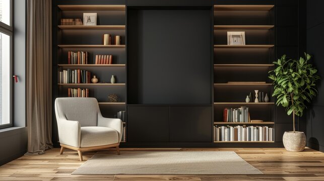 Dark colored wall mockup with modern style cabinets, private library room design, 3d render, 3d illustration